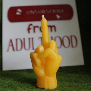 May include: A yellow candle shaped like a hand with the middle finger extended. The candle is in front of a white sign with the words "from ADULTHOOD" and a red banner that says "UNSUBSCRIBE".
