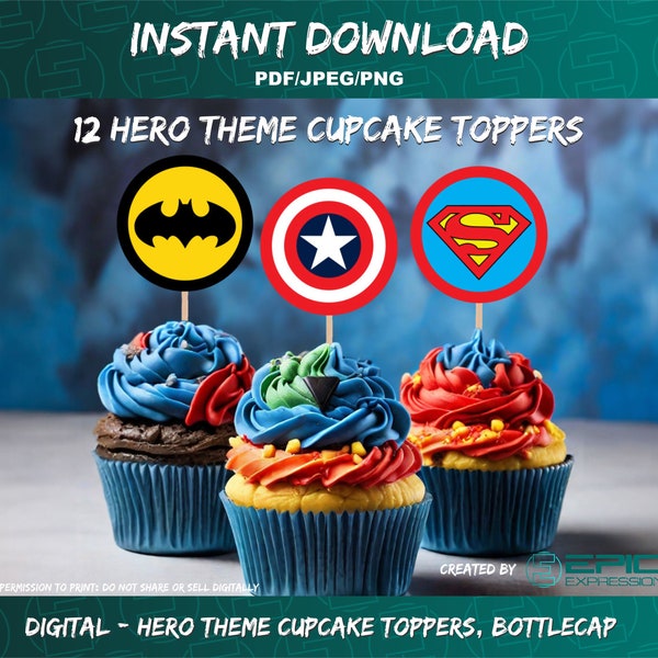 Hero Theme Cupcake Toppers, Bottle Caps