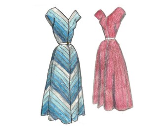 May include: A digital illustration of two 1950s style dresses. One dress is blue and white striped with a chevron pattern. The other dress is solid red. Both dresses have a V-neckline and short sleeves. The text "Ginny's Vintage Patterns 1950 V Neck Dress 1950-05" is at the top of the image. The text "Ginny's Vintage Patterns 2021" is at the bottom of the image.