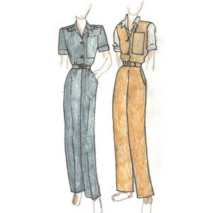 以下が含まれることがあります： 2つのヴィンテージスタイルのジャンプスーツのイラスト。1つは、ベルト付きの青灰色の半袖ボタンダウンジャンプスーツです。もう1つは、ベストとベルトが付いたタン色のジャンプスーツです。どちらもワイドレッグパンツで、白い背景にスケッチされています。