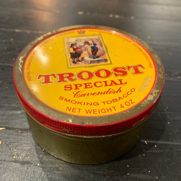 1960s Troost Special Cavendish Pipe Tobacco Tin, approx. 4.25x4.25x2 inches, Rotterdam, Holland, Est. 1750, Royal Tobacco Works