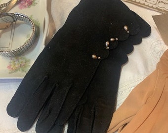 1940s Shalimar, Black Fabric Gloves, Wrist-Length, Ladies Size 6.5, used in good condition