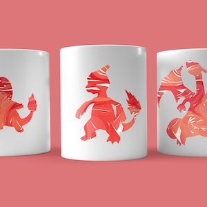 May include: Three white ceramic mugs with red and orange watercolor-style silhouettes of Pokemon characters. The mugs feature Charmander, Charmeleon, and Charizard.
