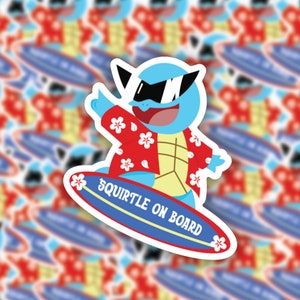 Surfing Squirtle sticker, Vinyl Sticker, Water Proof Sticker, Laptop Sticker, Car Sticker, Holiday Sticker | Vinyl Sticker (3.00” x 2.57”)