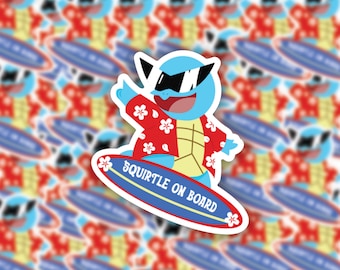 Surfing Squirtle sticker, Vinyl Sticker, Water Proof Sticker, Laptop Sticker, Car Sticker, Holiday Sticker | Vinyl Sticker (3.00” x 2.57”)