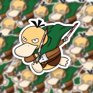 May include: A yellow duck-like Pokemon character with a green cape and two red swords. The character is in a running pose with a determined expression on its face.