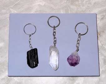 Raw Crystal Keychain: Black Tourmaline, Clear Quartz, Amethyst