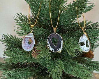 Crystal Ornaments | White Druzy Quartz, Rose Quartz & Agate | Natural Stone Holiday Decor