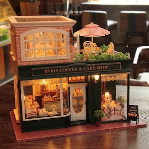 DIY Paris Coffee & Cake Shop France Style Miniature Dollhouse 1:24 with LED Light Music Box Dust Cover French Coffee Journey Craft Gift