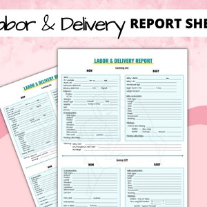 May include: A printable Labor & Delivery Report Sheet with the title at the top. The report includes sections for Mom and Baby, with fields for medical information. The background is a soft pink with a floral design.