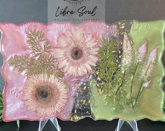 Handmade Pink Sage Dried Flower Resin Plate | Gold Flecks Tray