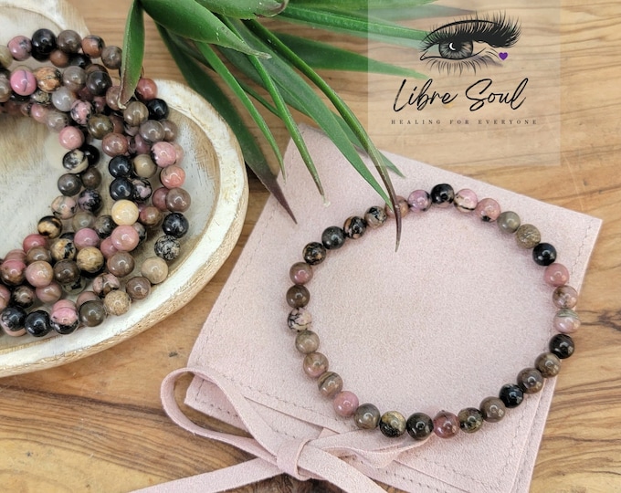 Natural 6mm Rhodonite Crystal Beaded Bracelets ~ with Pink Pouch !