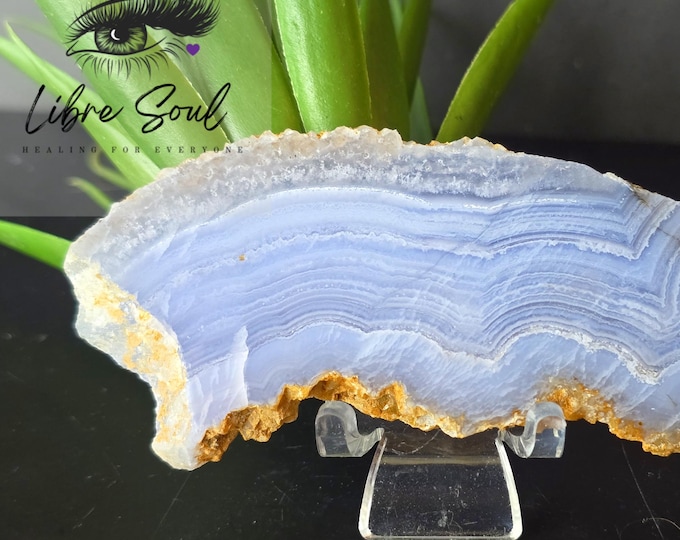 Natural Blue Lace Agate Crystal Slab Specimen with Stand|