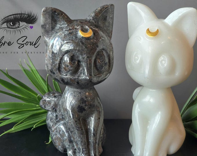 LARGE 6" Luna Cats ~ Yooperlite or White Jade~ Natural Yooperlite or Natural Jade~ Super Cute Carved Luna Cats