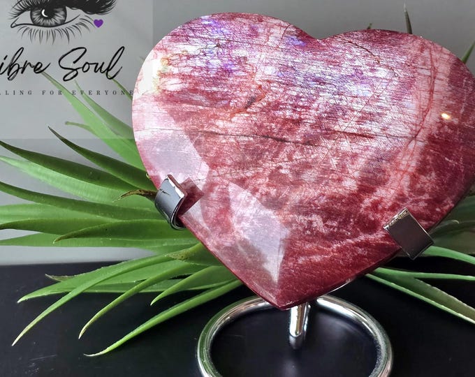 Natural 4" Moonstone Heart Moon~ Dyed Red and with Flash and Stand~ Beautiful and Unique