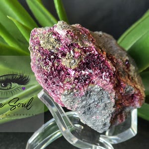 May include: A raw mineral specimen featuring a cluster of vibrant, deep magenta crystals on a dark gray matrix. The crystals have a sparkling, crystalline structure. The Libre Soul logo is visible in the background.
