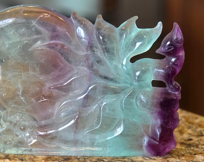 Rainbow Fluorite  Quartz Nine Tails Fox Carving: Banded Crystal Sculpture