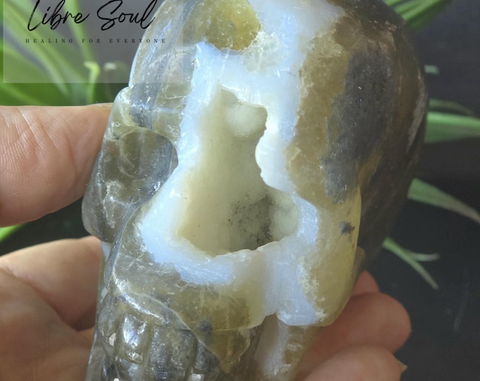 Fluorite Agate Crystal Skull: Carved Druzy Stone, 3.75"