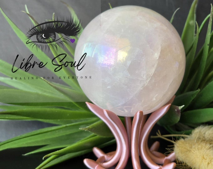 Natural 52mm Rose Aura Quartz Crystal Sphere with Stand~ Angel Aura Rose Quartz Orbit