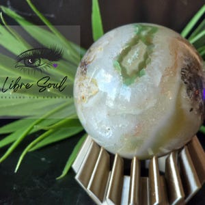 Natural Green Flower Agate Sphere with Druzy| 55mm w/ stand| Grounding & Emotional Healing