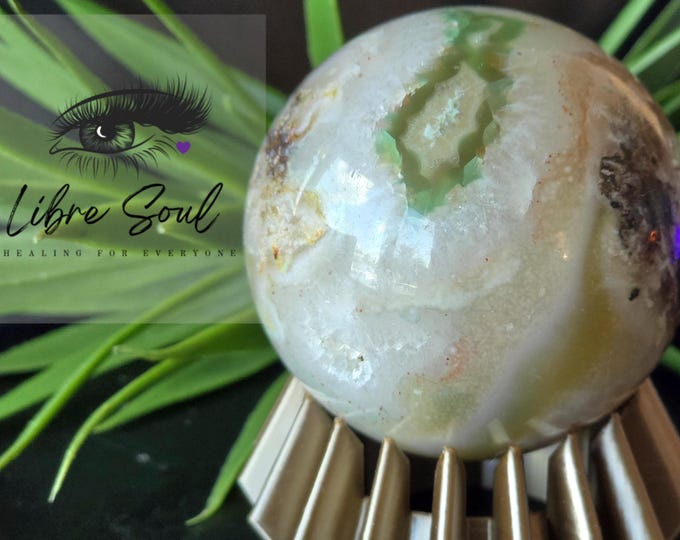 Natural Green Flower Agate Sphere with Druzy| 55mm w/ stand| Grounding & Emotional Healing