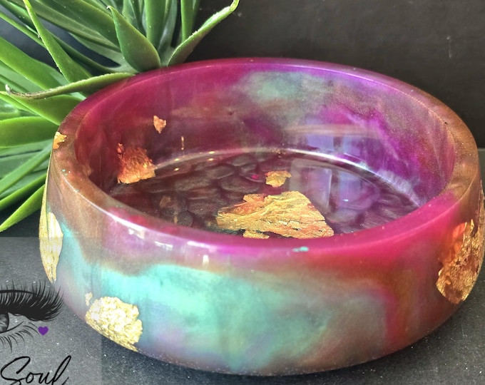 Handmade Magenta Teal with Gold Foiled Resin Bowl, 4.5" Wide