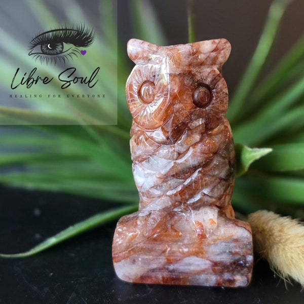 Hand Carved Fire Quartz Owl: Natural Crystal Figurine