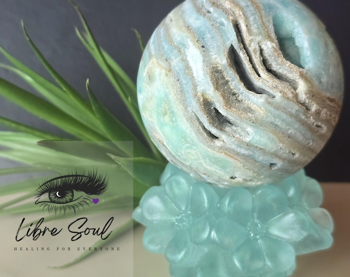 Hemimorphite Druzy Sphere | Blue Aragonite, 65mm with Stand