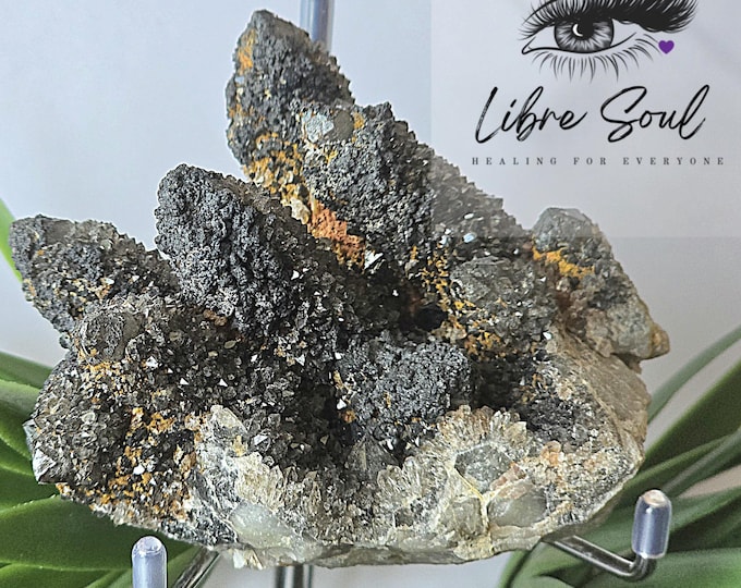 Natural Black Spirit Quartz Specimen | Black Spirit Cluster Specimen w/stand