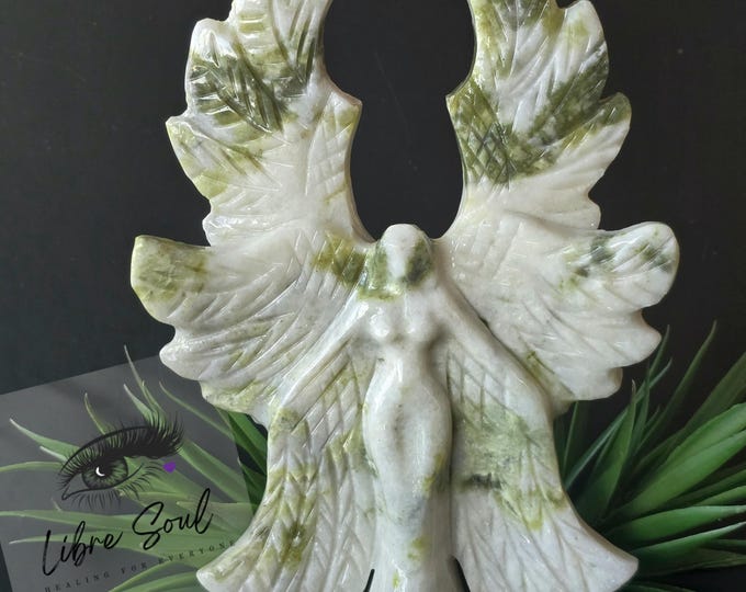 Natural 8" Serpentine Jade Seraphim Angel Crystal Carving| Serpentine Lady Angel