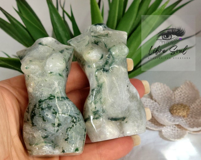 Natural 3"  Moss  Agate Crystal Carved  Woman Goddess Body Torso~ High Quality some Druzy