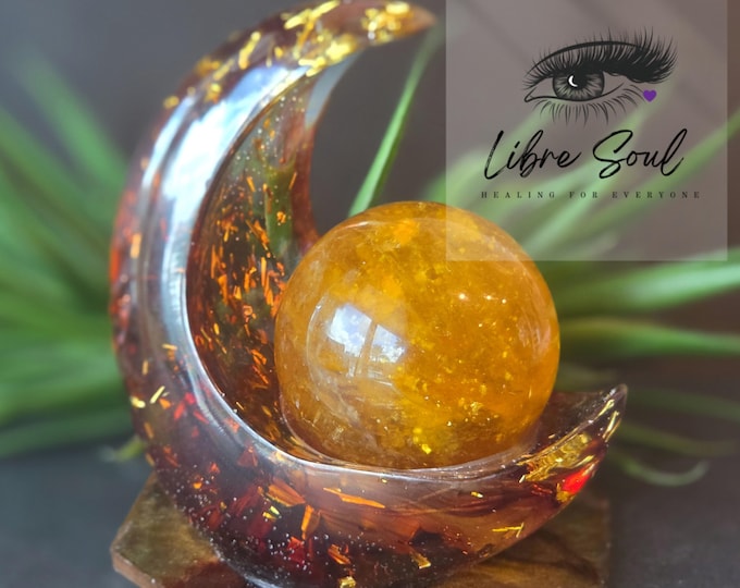 Yellow Fluorite Sphere with Mica: Solar Plexus Chakra Crystal (50mm, Moon Stand Included)