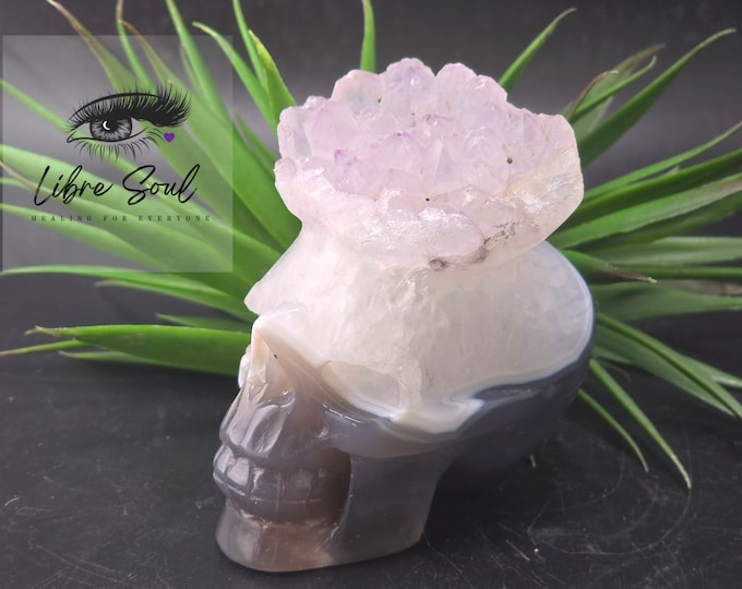 Natural Amethyst Agate Skull with Amethyst Druzy~ 3.5" Skull with Natural Beautiful markings!