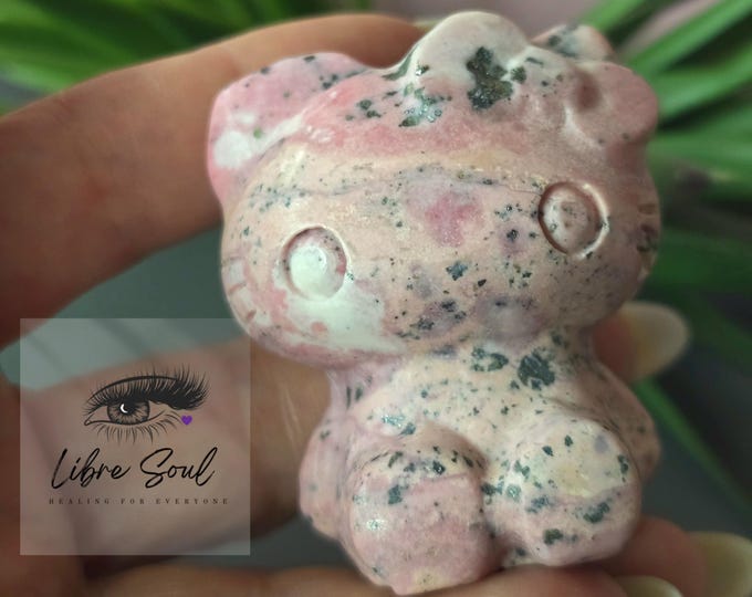 Natural Peruvian Rhodochrosite Hello Kitty ~ Crystal Carved 2" 50mm HK Carved Crystal Rhodochrosite