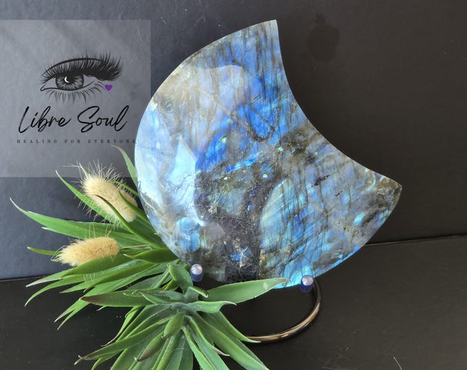 Natural Blue Labradorite Crescent Moon w/ Stand 5" Moon w Stand BLUE MOON FLASH!!