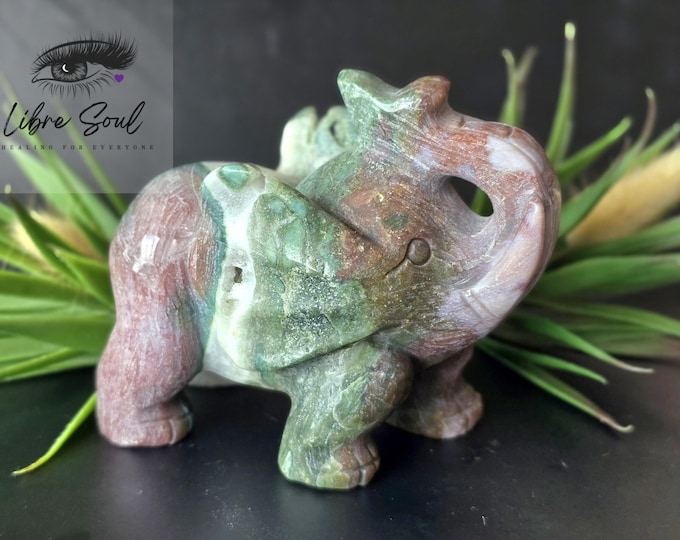 Natural Carved Ocean Jasper Crystal Elephant/ Druzy  w~ Good Luck~ Fortune