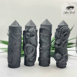 Shungite Carved Crystal Tower with Dragon