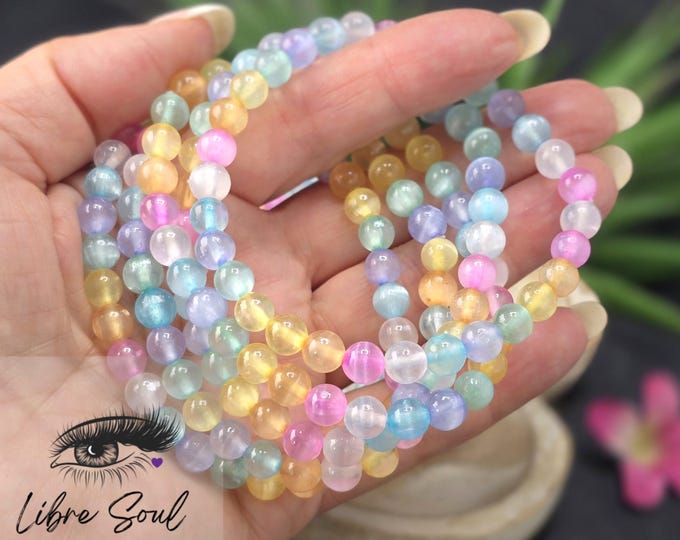 6mm Dyed Natural Aura Selenite Round Beaded Stretch Bracelets
