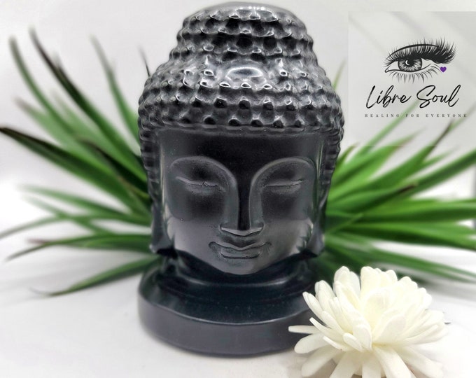 Carved Black Obsidian Buddha Head Crystal (110mm Tall) – Protection, Grounding Stone