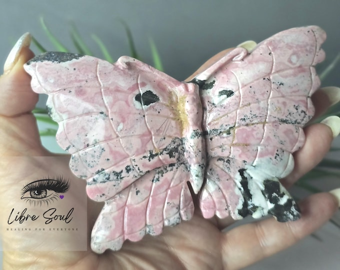 Peruvian Rhodochrosite Butterfly Carving with Stand: Heart Chakra Crystal