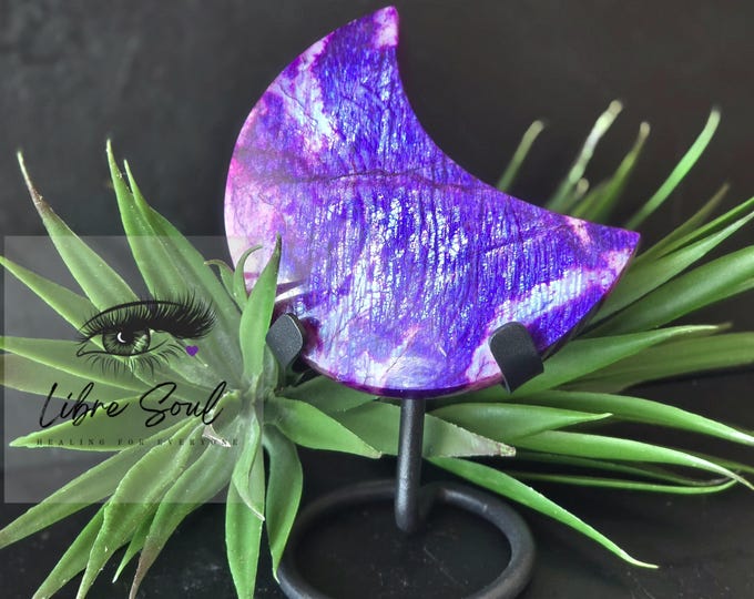 Natural 3.25" Moonstone  Moon~ Dyed Purple & Blue Flash and Stand~ Purple Lovers| Beautiful and Unique