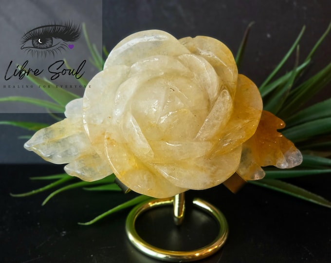 Golden Healer Quartz Crystal Rose: 5" Carving with Stand