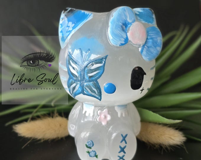 Natural Selenite 4" Hello Kitty| Hand Painted Selenite Kitty Figurine