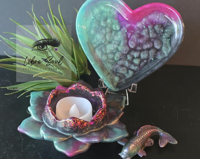 Handmade Resin Lotus Tealight Holder and Heart Tray – One of a Kind Designer Home Decor