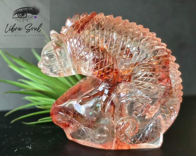 Fire Quartz Crystal Iguana Carving: Madagascar Hematoid Quartz, Rainbow Inclusions