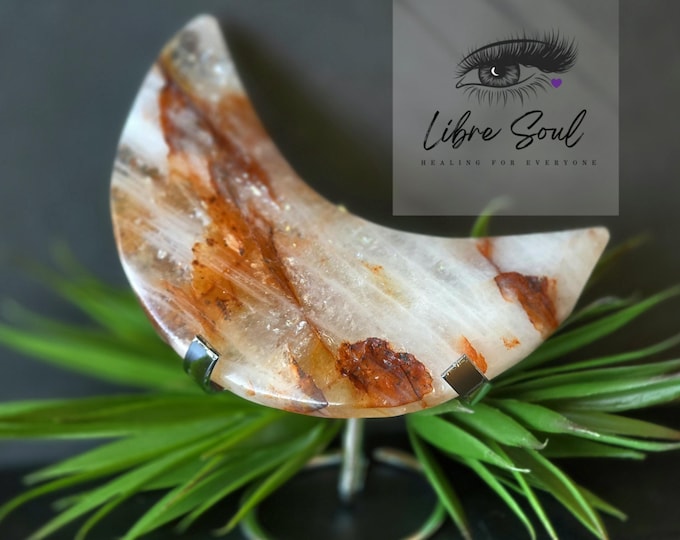 Natural 5" Fire Quartz Crystal Moon/ Crescent Fire Quartz Moon with Stand