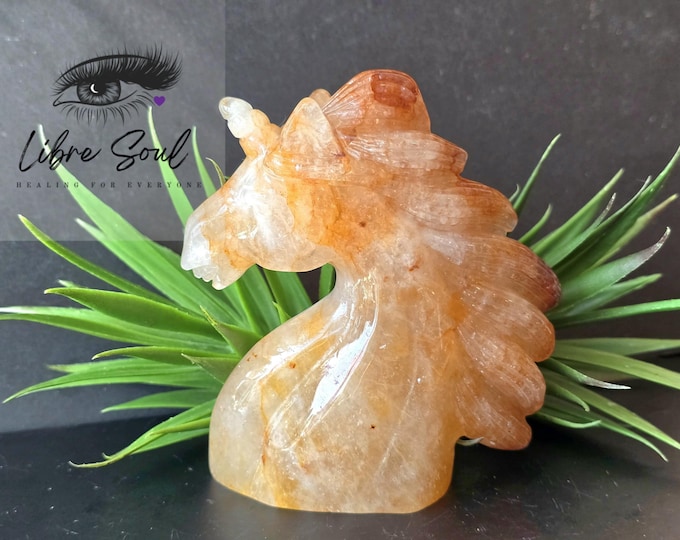 4" Fire Quartz Unicorn Carving with Hematoid Crystal – Unique Gemstone Sculpture