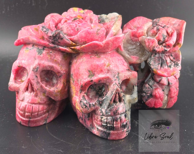 Natural Rhodonite Carved 7" Double Headed Skull with Roses| 4.12.5lbs. 2.17 Kilo |Skull Masterpiece| Crystal Skull Carving