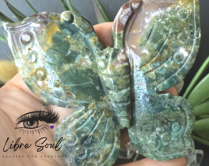 Natural Ocean Jasper Butterfly Carved Crystal with Stand~ Beautiful Gift Idea!