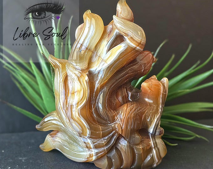 Carnelian Quartz Nine Tails Fox Carving: Banded Crystal Sculpture